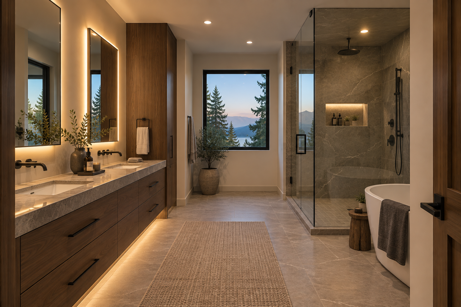 Luxury bathroom with LED pot lights, backlit mirrors, and Okanagan mountain views — installed by ProElectric