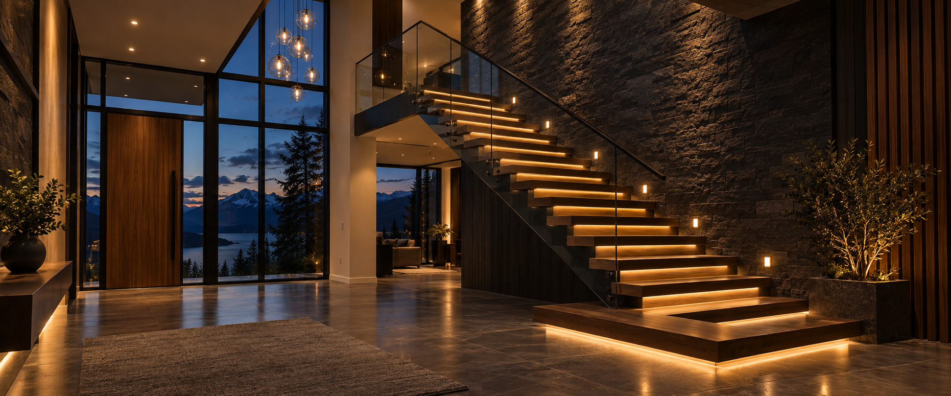 Luxury Okanagan home interior with smart lighting and mountain views